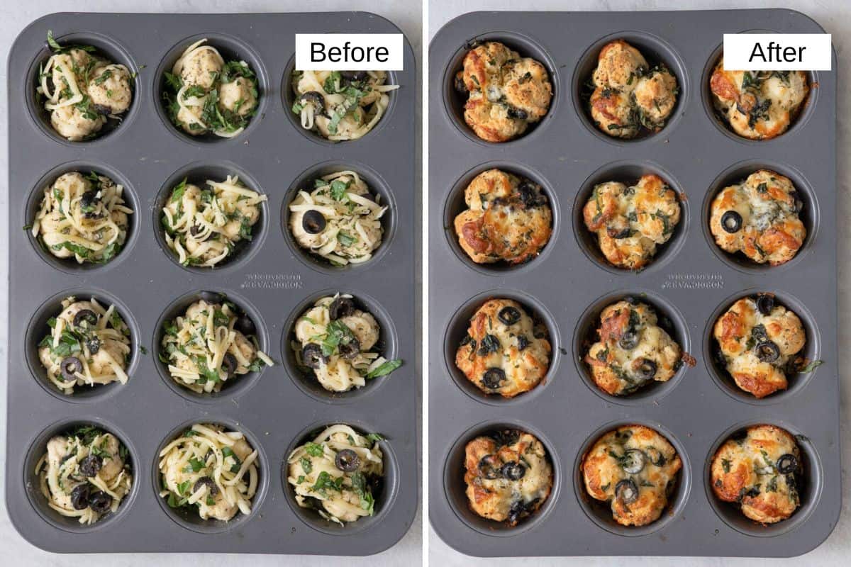 2 image collage of recipe in a 12-cup muffin pan before and after being baked.