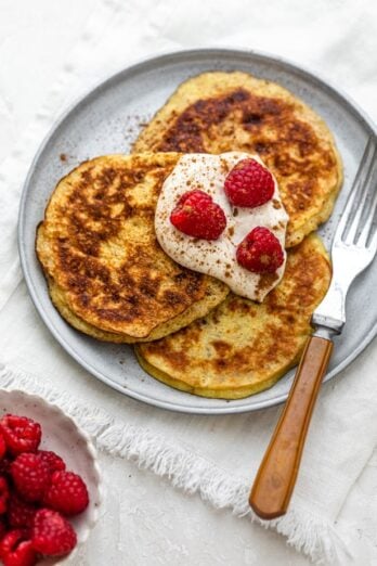 3 Ingredient pancakes with raspberries on top