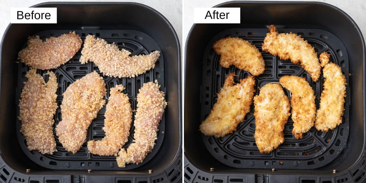 2 image collage of recipe in the basket of an air fryer before and after cooking.