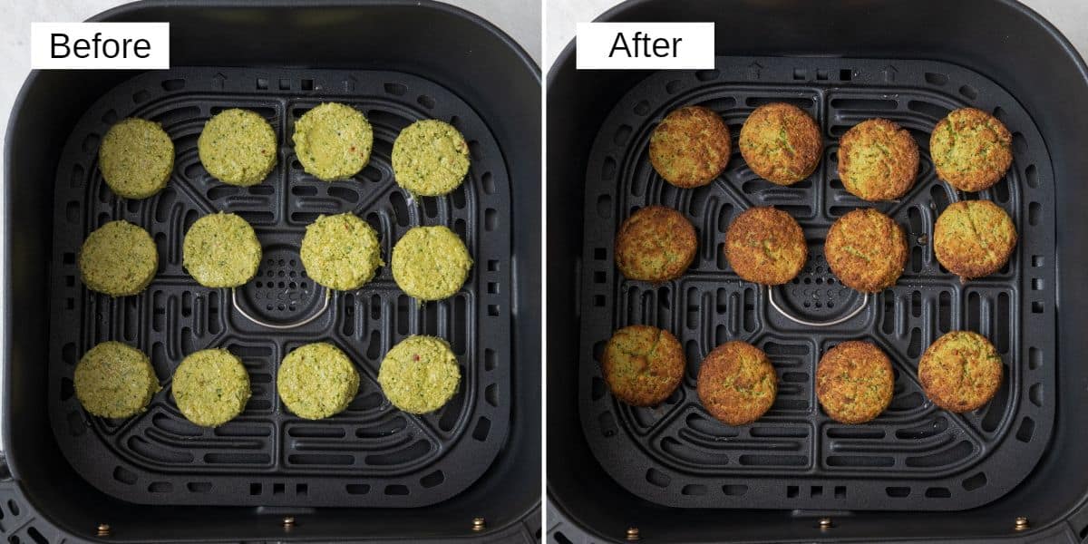 2 image collage of 12 falafels in an air fryer basket before and after air frying.