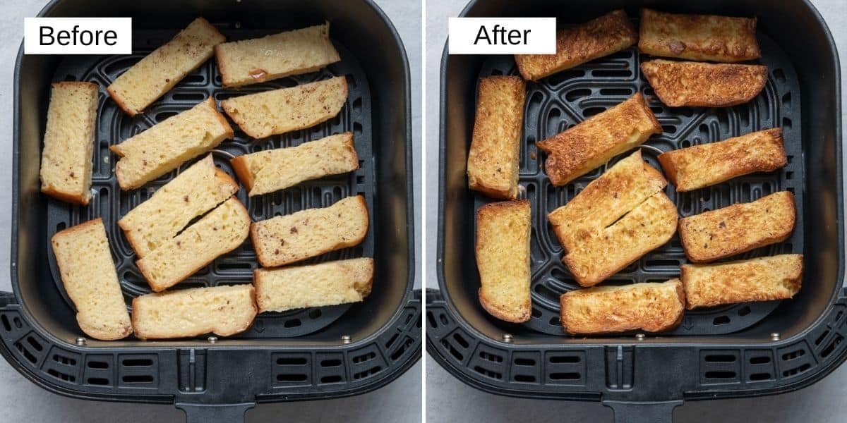 2 image collage to show the french toast before and after air frying