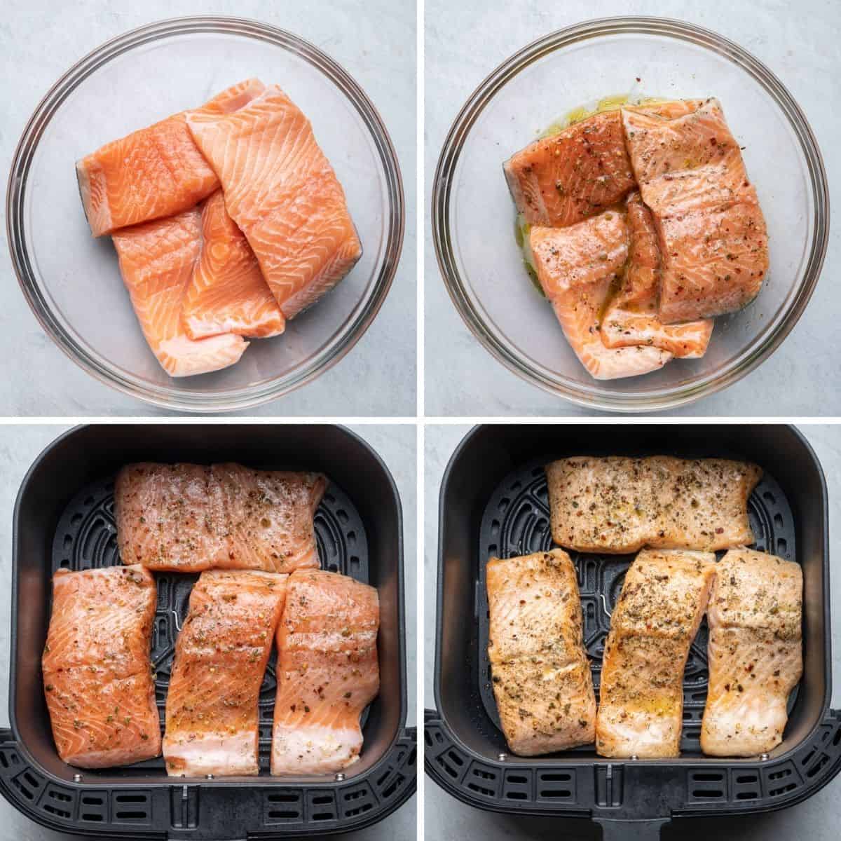 4 image collage to show how to marinate the salmon and air fry it