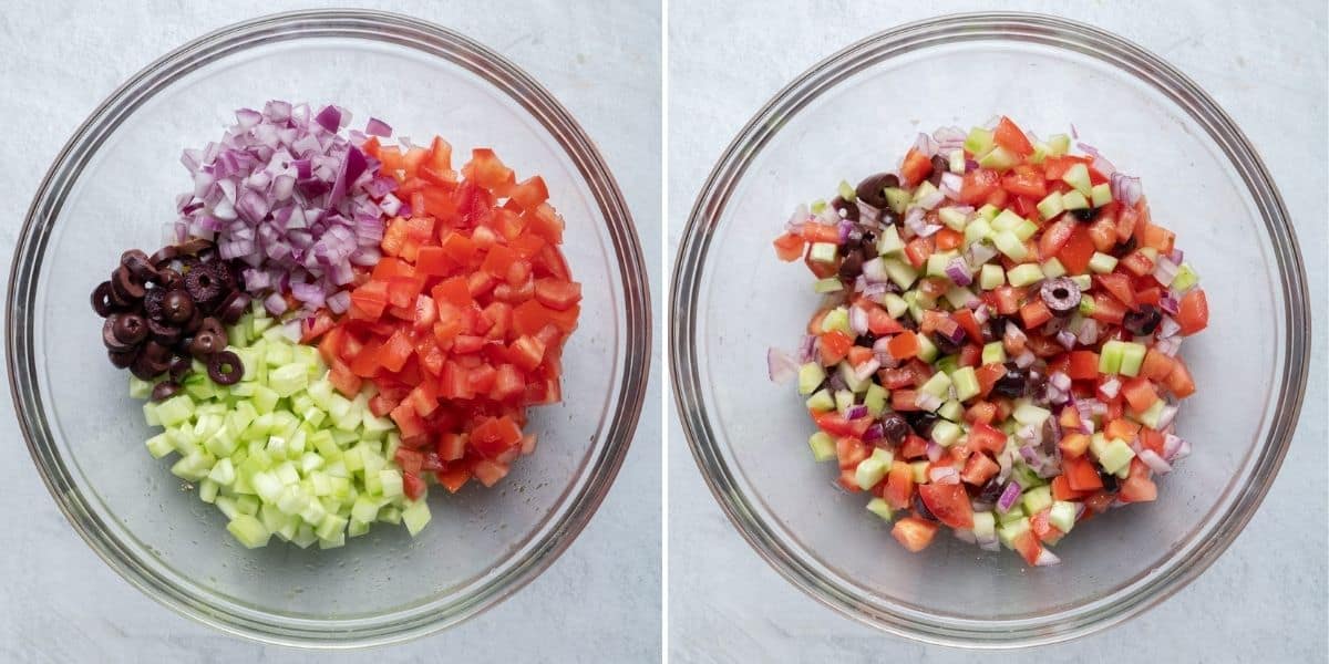 2 image collage to show the salad ingredients before and after mixed