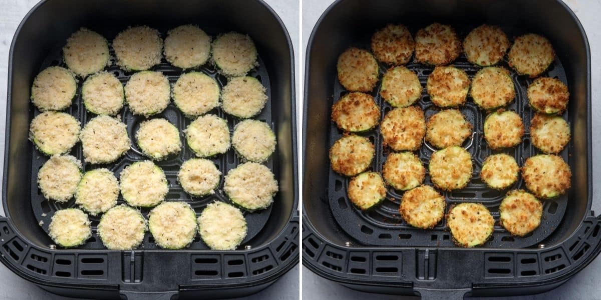 2 image collage to show the zucchini chips before and after getting air fried