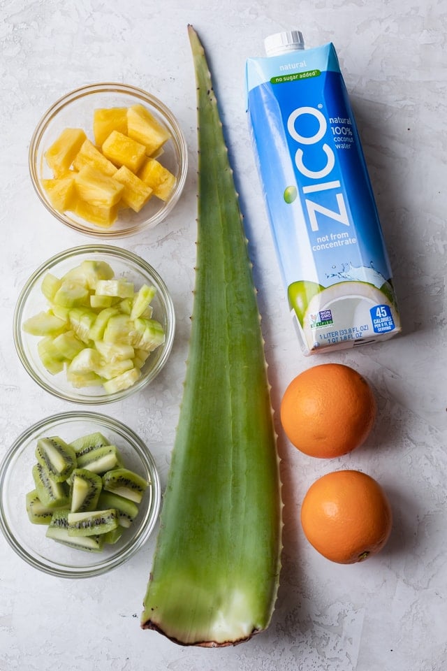 Alternative aloe vera smoothie ingredients: coconut water, orange juice, pineapple, cucumber and kiwi