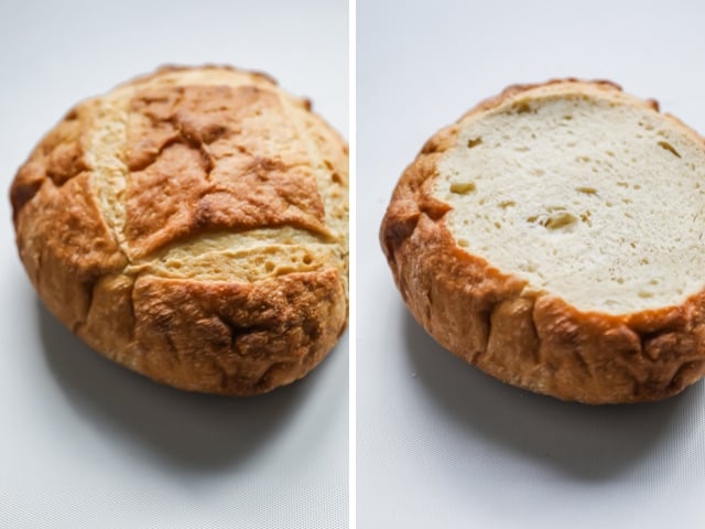 Collage of bread boule before and after slicing the top part