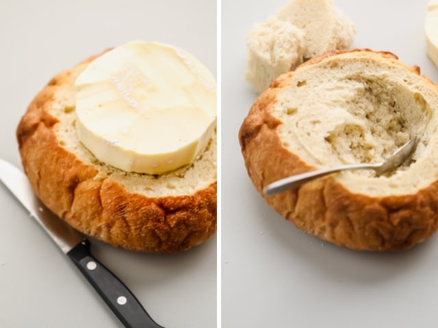 Collage of bread boule with brie on top of one to measure the circumference for cutting and with a spoon hallowing the bread on the second image