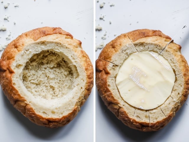 Collage of two images. Left image shows bread hallowed out. Right image shows the bread cut into slices all around with brie inserted in the middle