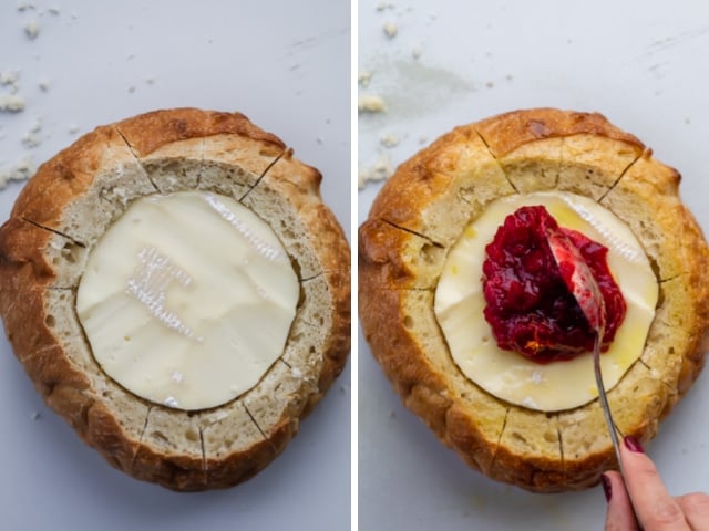Collage of two images, left image showing the brie wheel inside the bread boule and right image showing the cranberry sauce getting spooned over the brie cheese