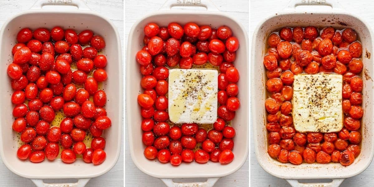 3 image collage to show the tomatoes with the seasoning, then adding feta cheese, then after baking
