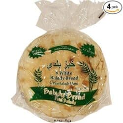 4 pack of 6 white Balady pita bread, fat-free.
