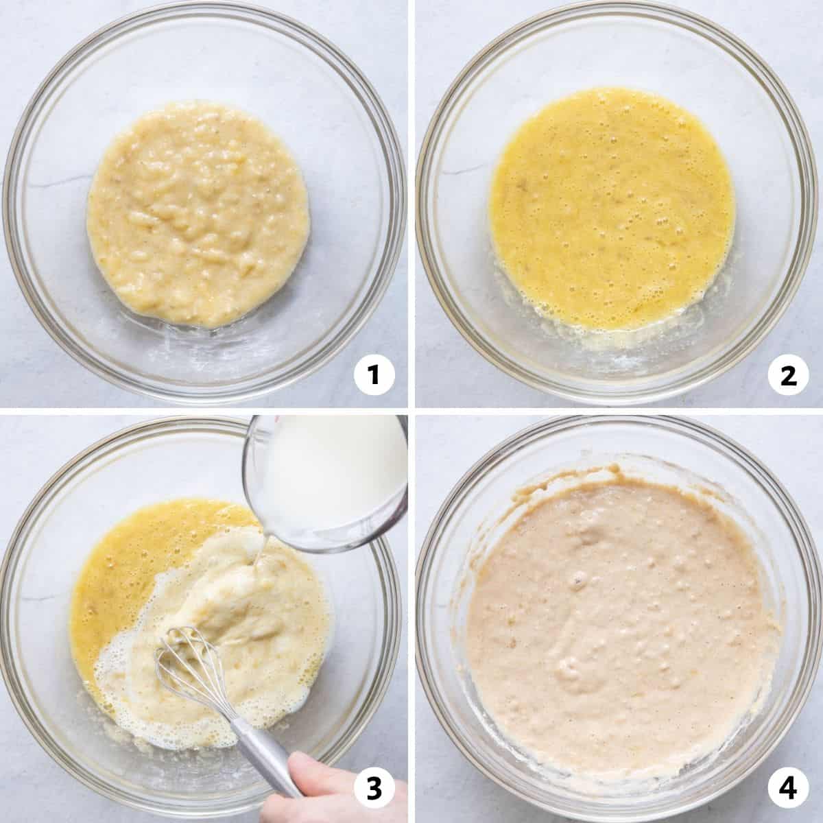 4 image collage on how to mix batter for pancakes.