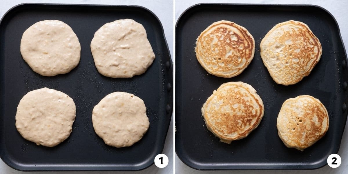 2 image collage of pancakes cooking on griddle and then flipped to finish cooking.