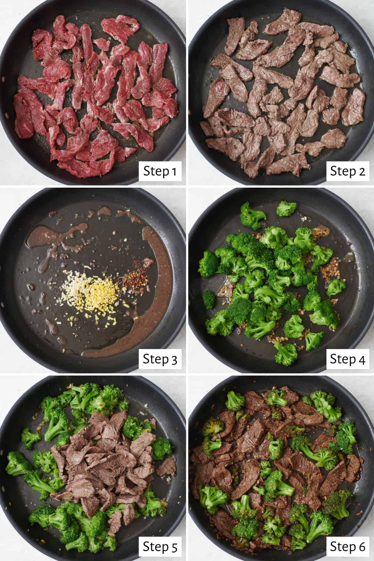Collage showing how to stir fry beef to make beef and broccoli