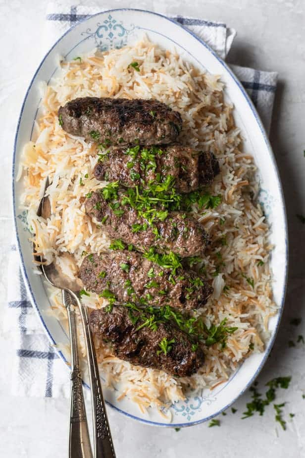 Lebanese style beef kafta served over rice