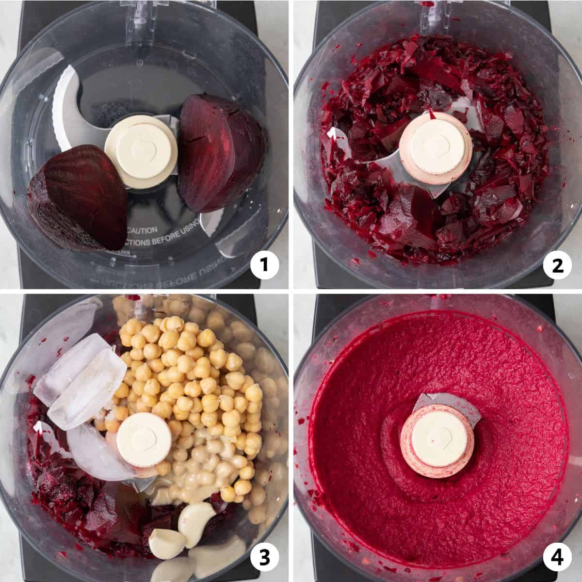 4 image collage making recipe in a food processor: 1- roasted beet inside bowl, 2- after chopping, 3-with remaining ingredients added, 4- after fully blended.