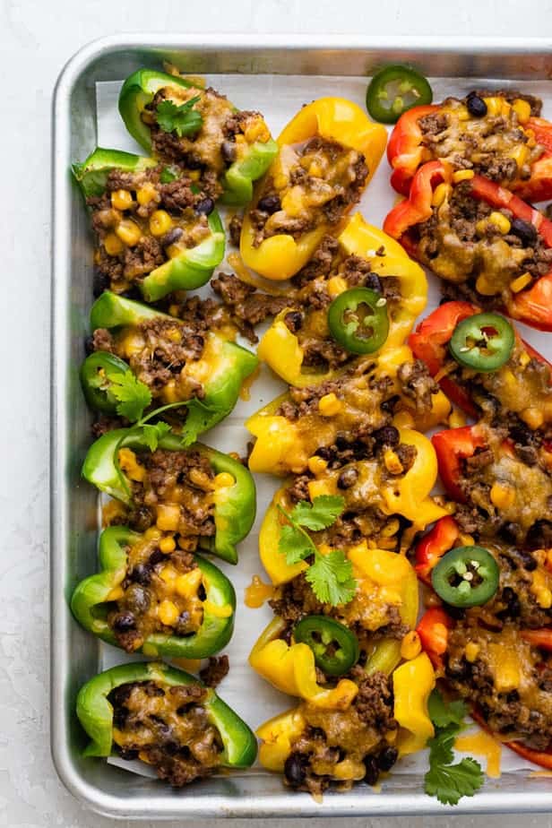 Loaded bell pepper nachos when they come out of the oven