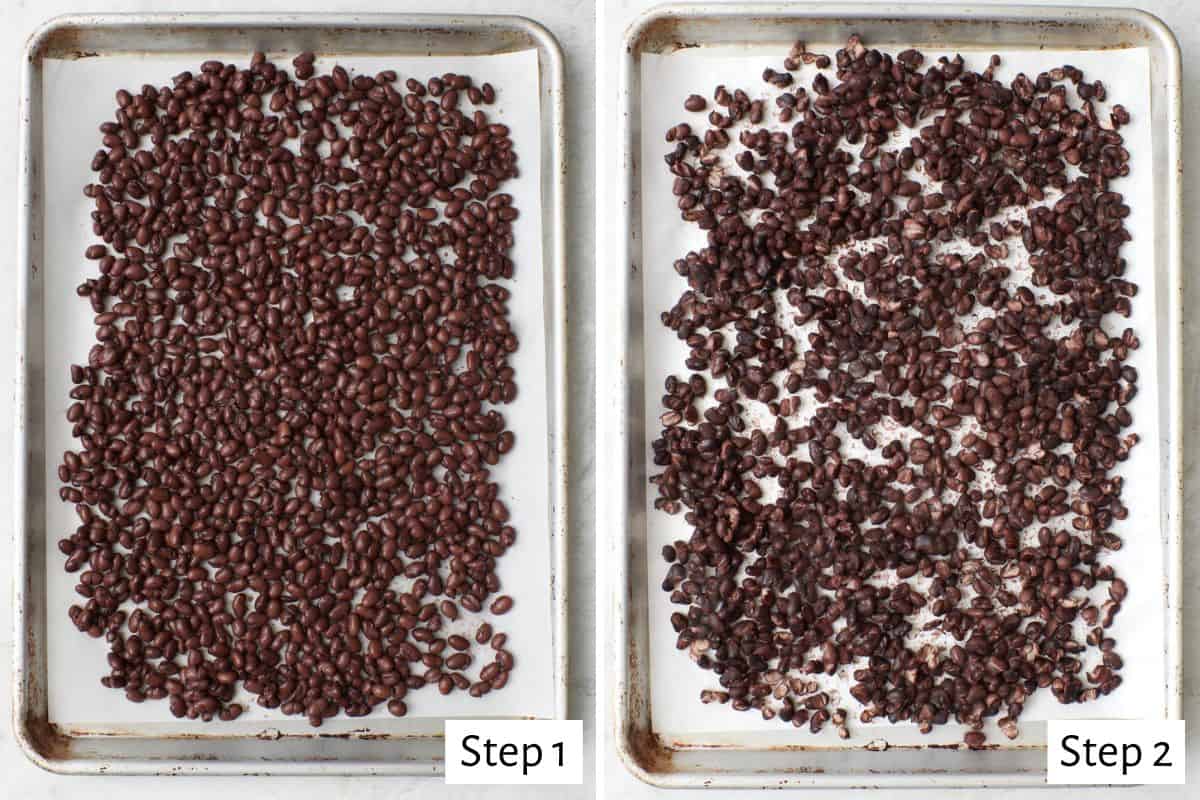 Collage showing black beans before and after mashing