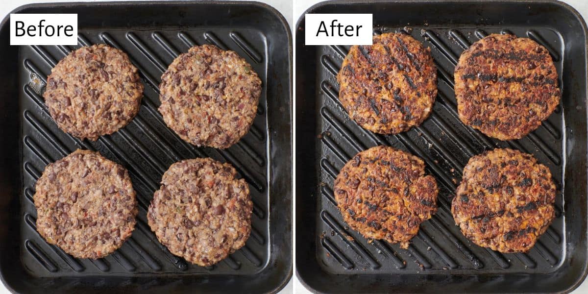 Collage showing the burger patties before and after cooking