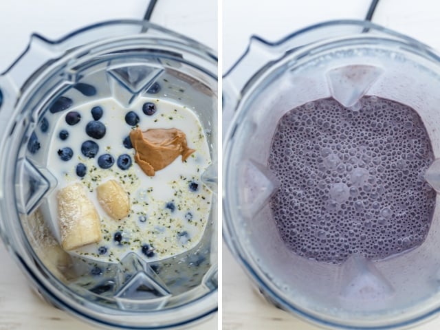 Collage showing ingredients in the blender before and after blending