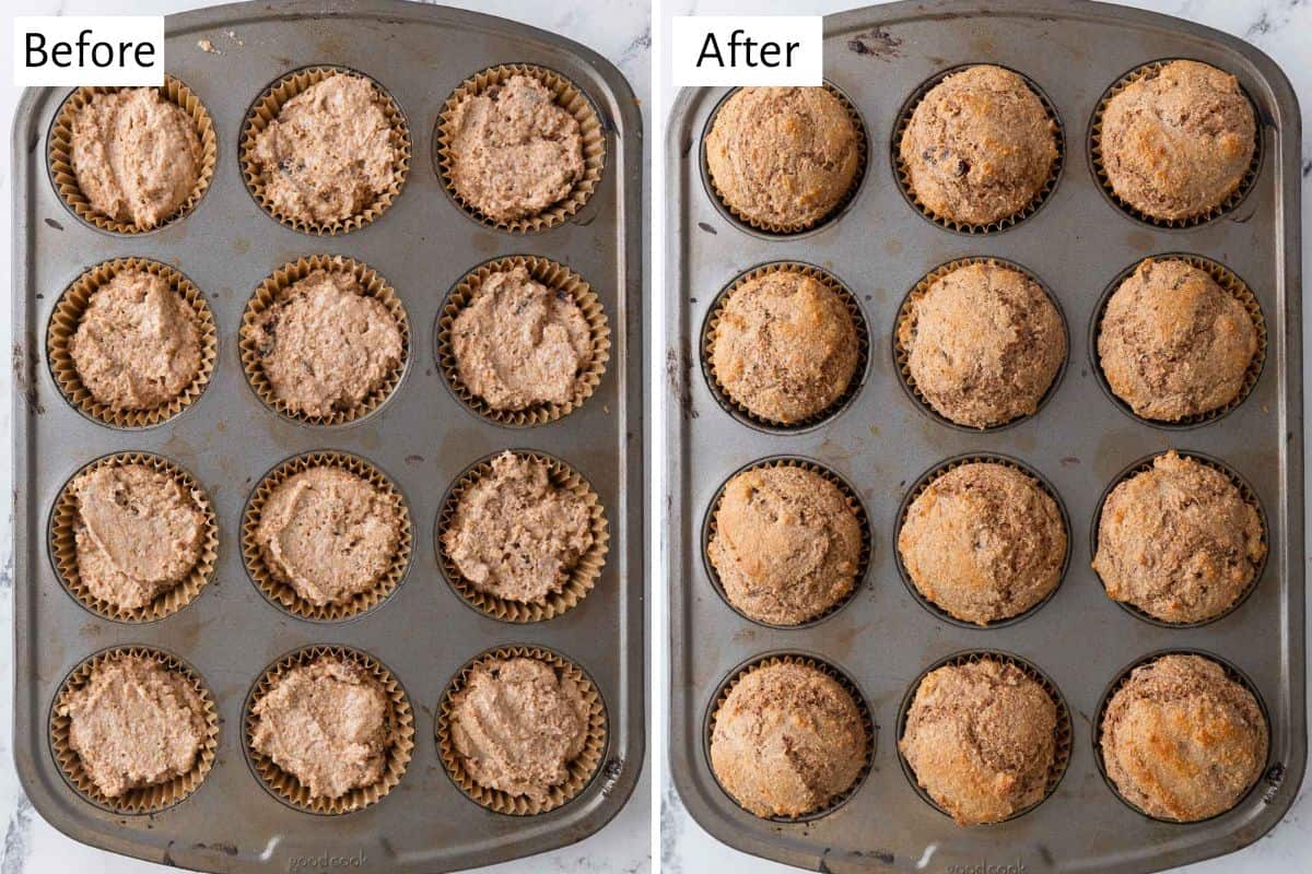 2 image collage before and after baking muffins in a muffin pan.