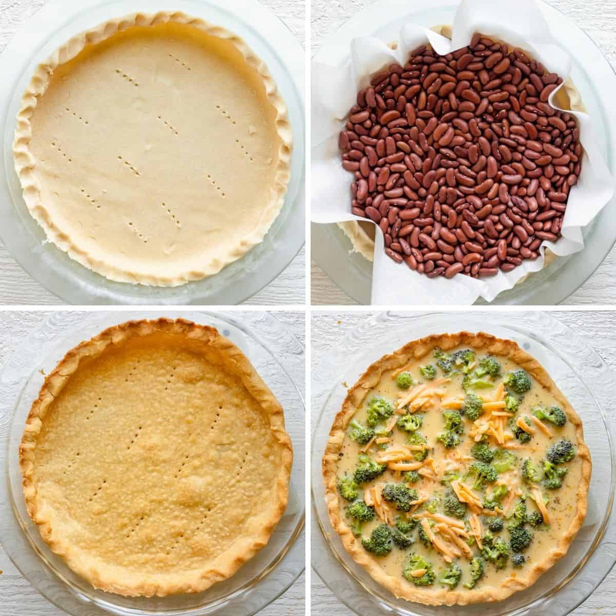 4 image collage to show how to freeze pie crust, blind bake and then pour custard into pie tin