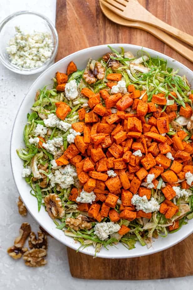 Brussels Sprouts Sweet Potato Salad in a white bowl