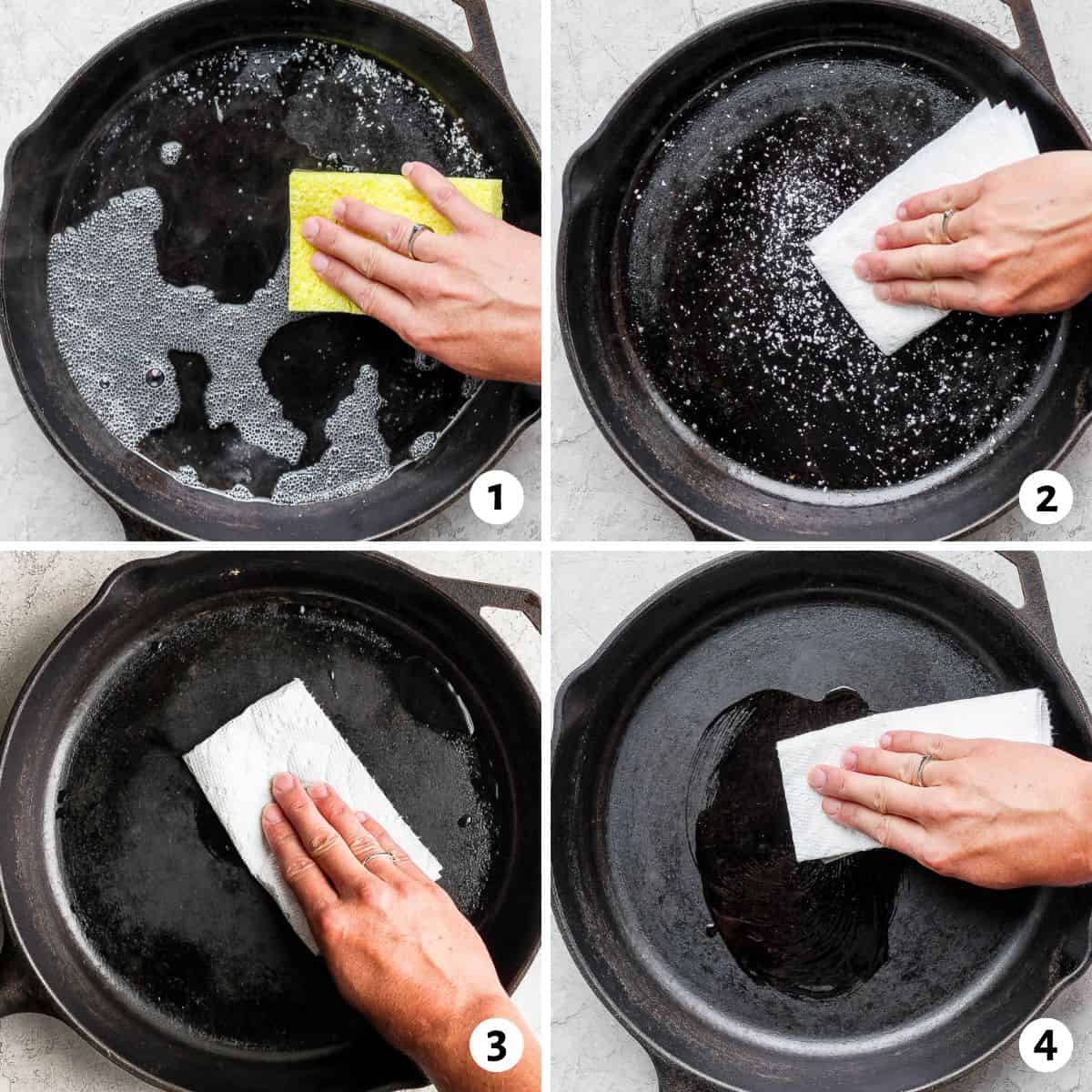 4 image collage with steps to clean pan: scrub with a little bit of soapy water, scrub with salt, dry with towel, season with oil.