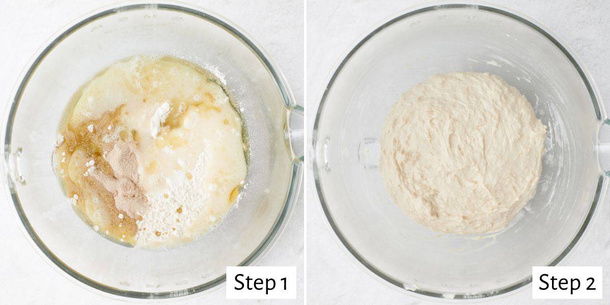 2 image collage of recipe in the bowl of a stand mixer before and after combining.