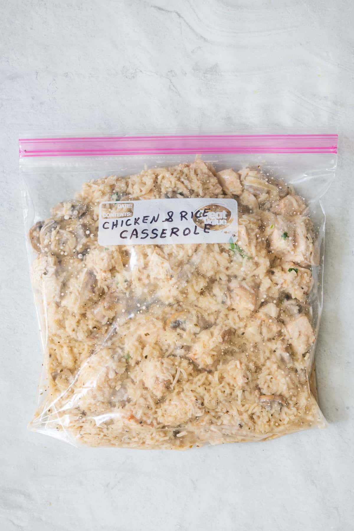 Recipe in a zip top freezer bag with name written on label.