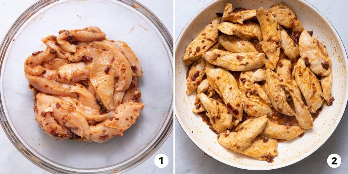2 image collage to show how to marinate the chipotle chicken and then cook it