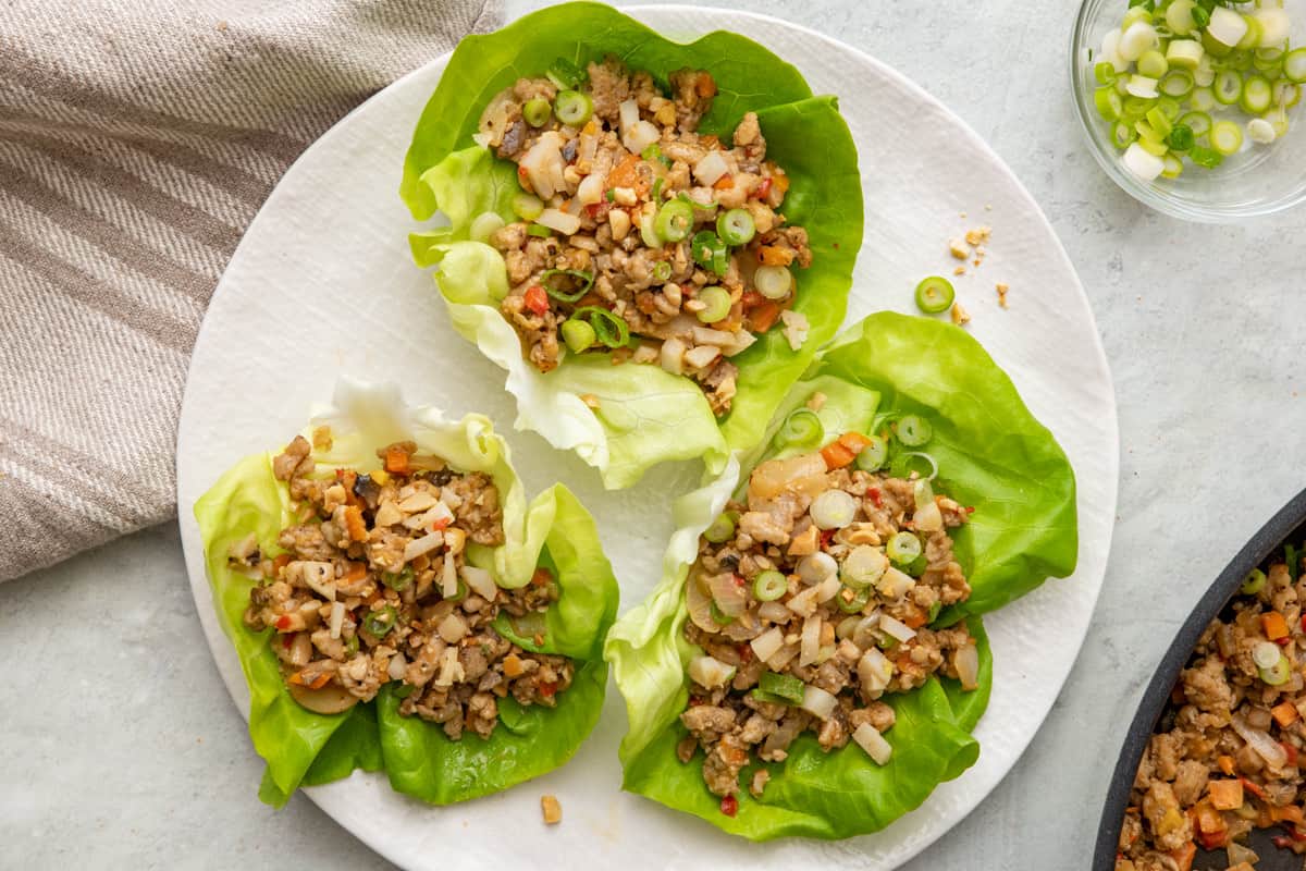 Close up shot of the final dish prepared for the Chicken Lettuce Cups with the chicken mixture inside the butter lettuce