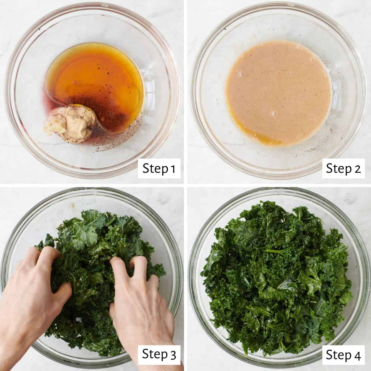 4 image collage preparing kale for salad: 1- dressing ingredients in a bowl, 2- after emulsifying, 3- hands massaging dressing into kale, 4- after to show a deepened green color.