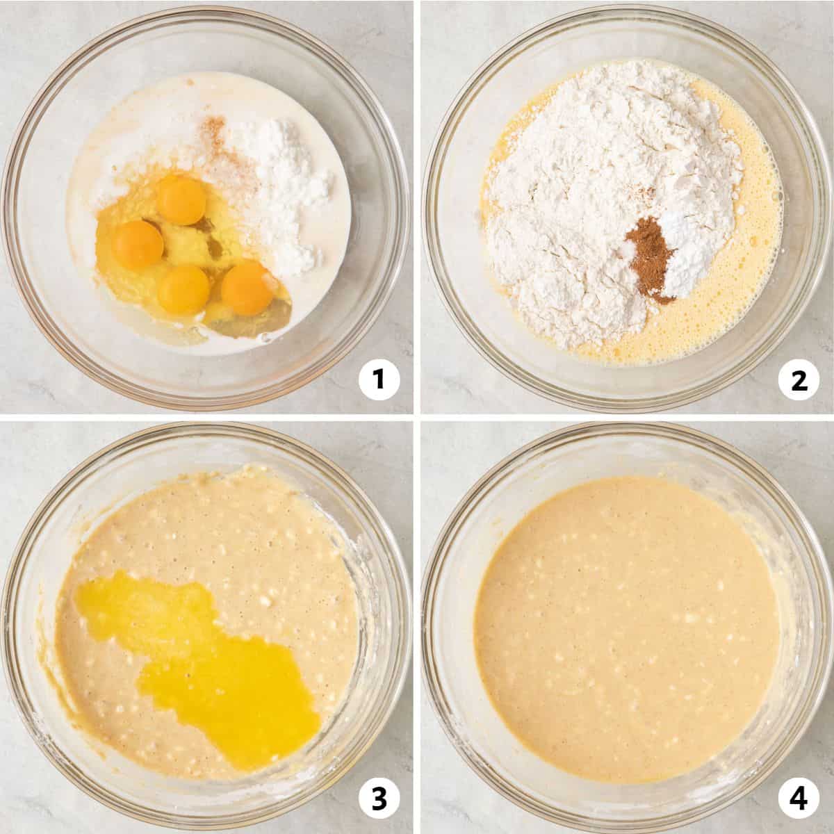 4 image collage making batter: 1- wet ingredients in a bowl, 2- after combining with dry ingredients added on top, 3- after folding wet and dry together with melted butter added, 4- batter after fully combined.