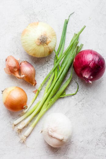 6 types of whole onions on surface: yellow onion, shallots, white onion, sweet onion, green onions, and red onion.