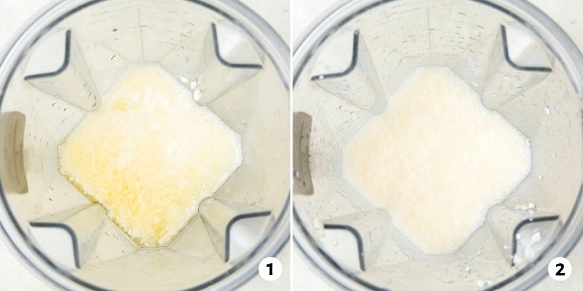 2 image collage of ingredients in a blender before and after blending.