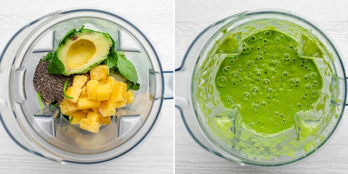 Collage of two images showing the ingredients in a blender before blending and at the beginning of the blend