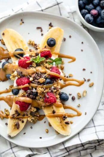 Healthy banana split that can be for breakfast or dessert or snack