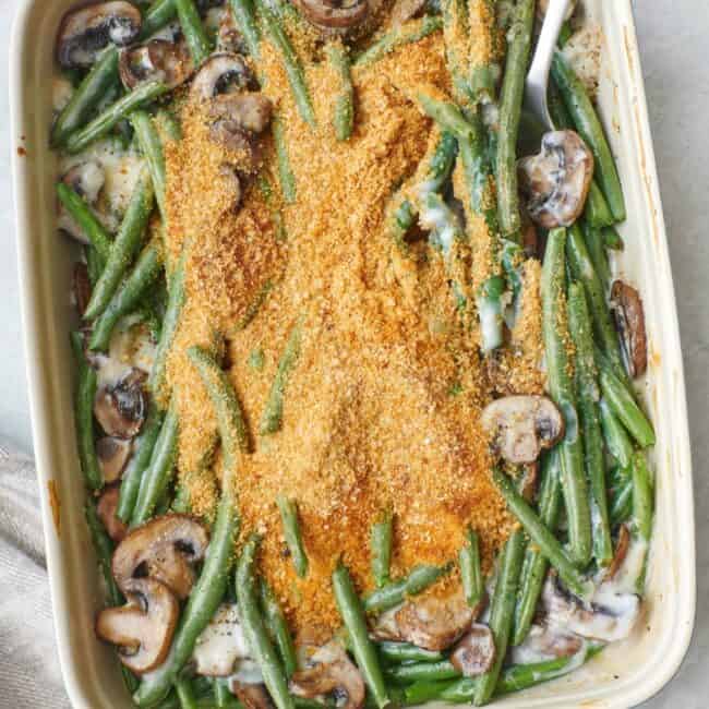 Healthy green bean casserole with panko breadcrumbs on top