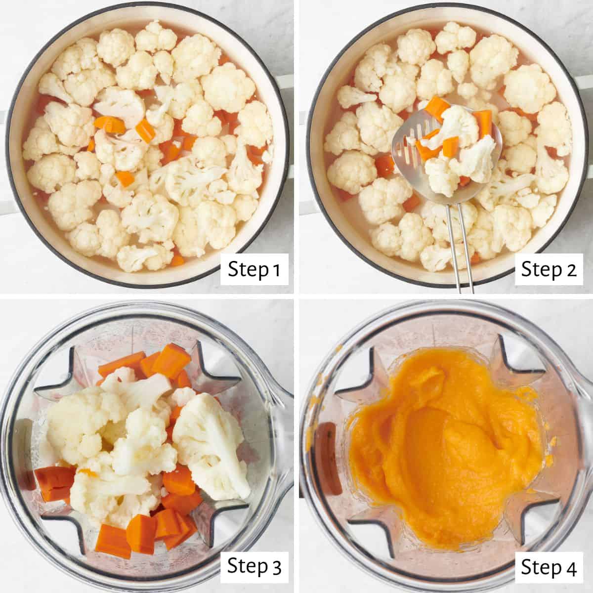 4 image collage making recipe: 1- cauliflower and carrots in a pot, 2- after cooking with a slotted spoon lifting some up, 3- adding blanched veggies to a blender, 4- after blending.