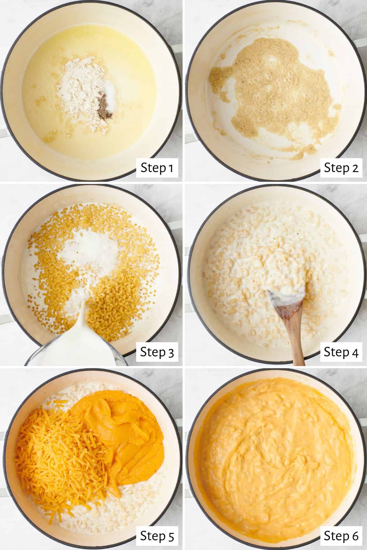 6 image collage making recipe in one pot: 1- butter, flour and seasoning in pot, 2- after browning roux, 3- pasta and milk being added, 4- after combining, 5- after pasta is cooked with cheese and veggie puree added, 6- after combining.