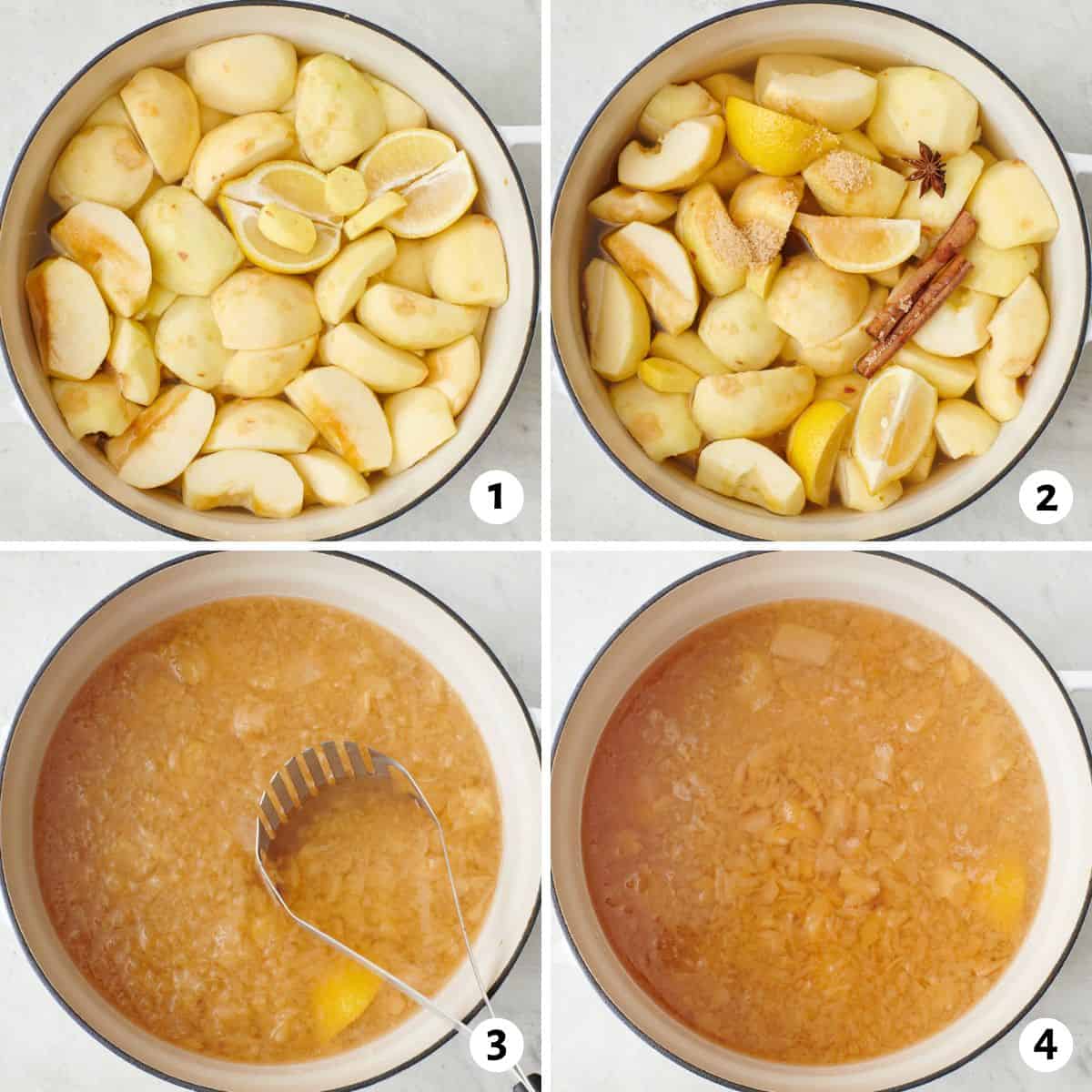 4 image collage making recipe in a pot: 1- chopped apples, ginger, and lemon wedges in pot, 2- cinnamon sticks, sugar, and star anise added, 3- mashing apples, 4- after apples have cooked and reduced.