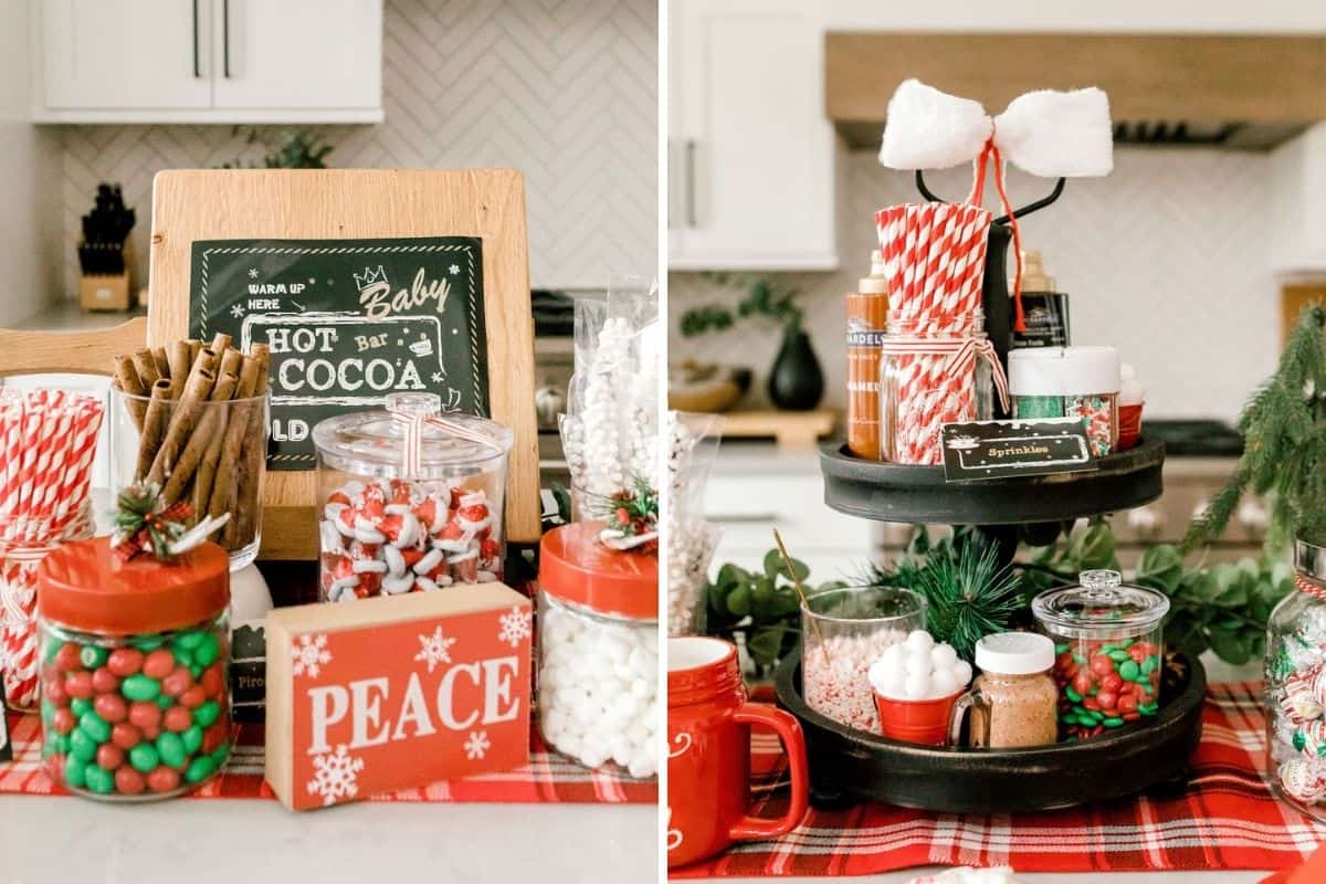 2 image collage of the hot chocolate bar set up