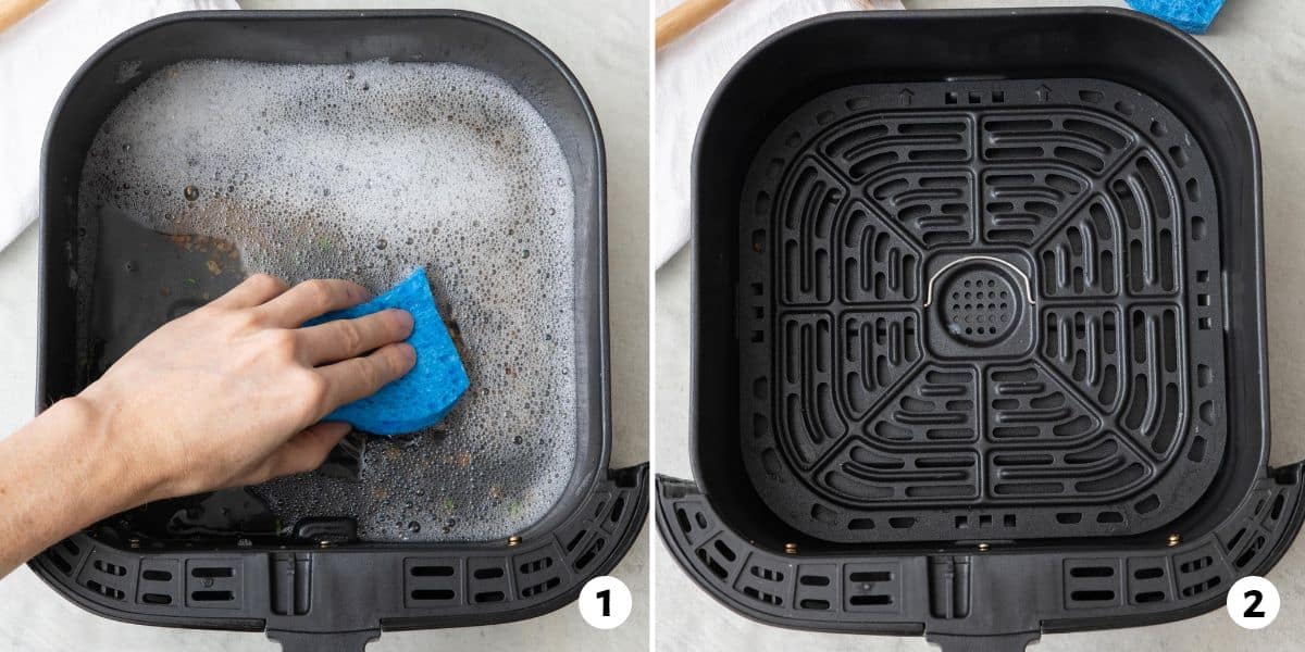 2 image collage: 1- sponge scrubbing the bottom of a dirty basket, and 2- basket after cleaned.