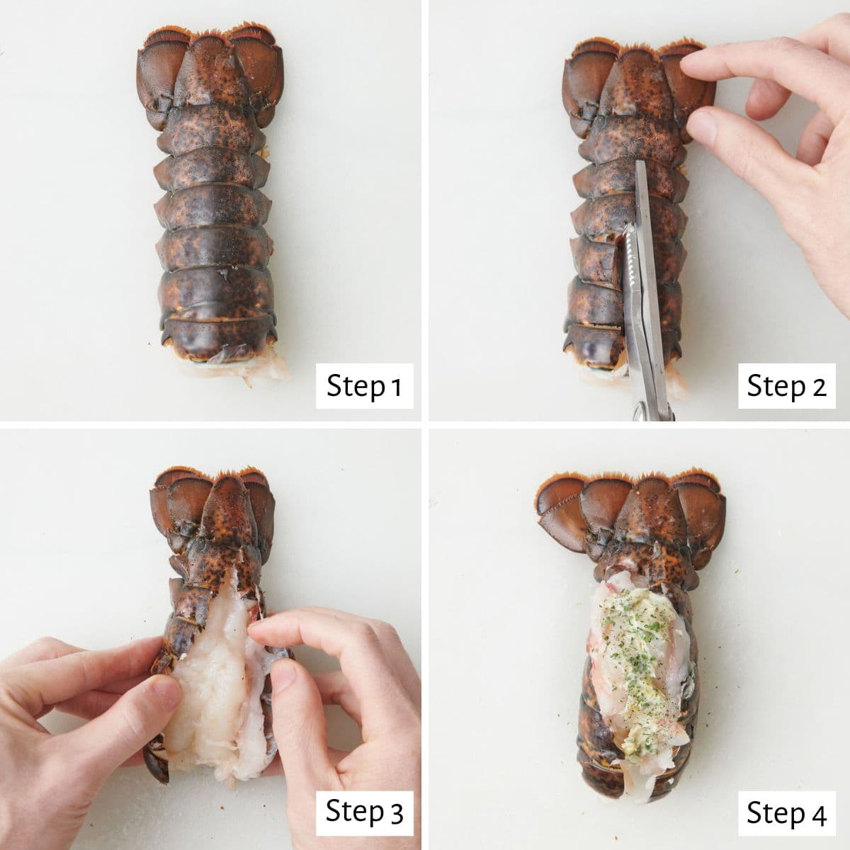4 image collage preparing lobster tail for cooking: 1- tail on surface, 2- kitchen sheers cutting the back of shell down the center, 3- hands pulling back shell to lift up meat, 4- herbed butter added on top.