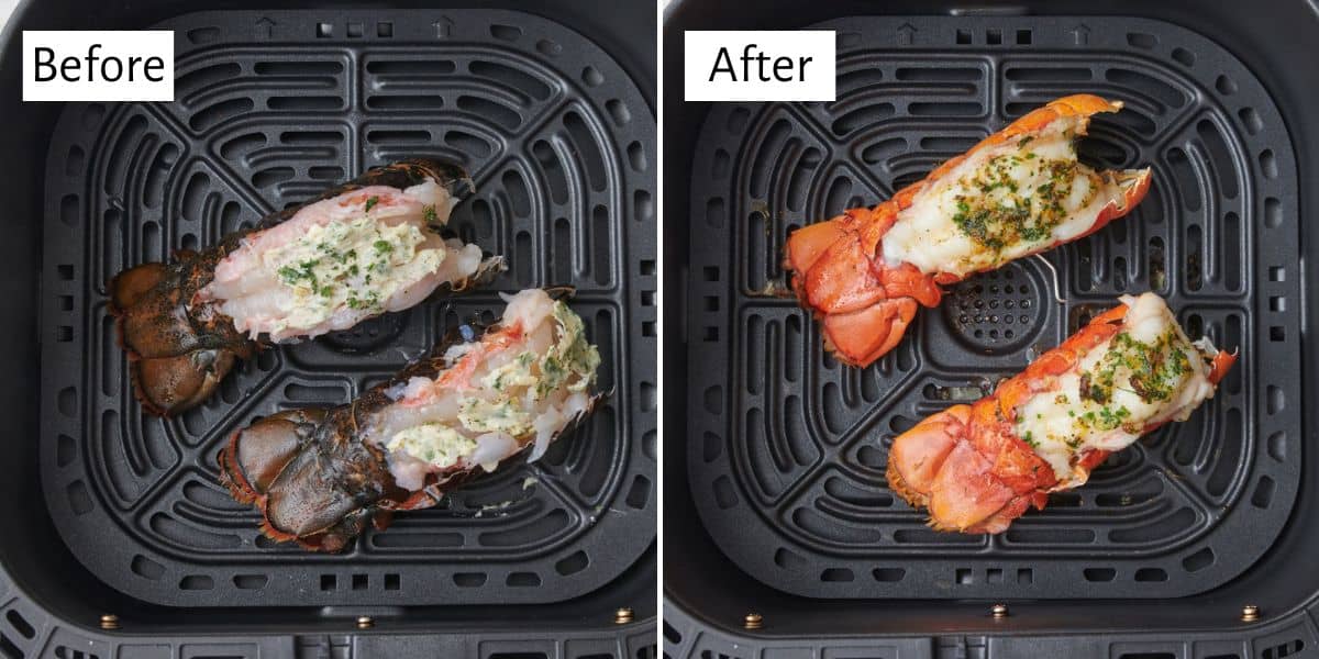 Before and after collage air frying lobster tails.