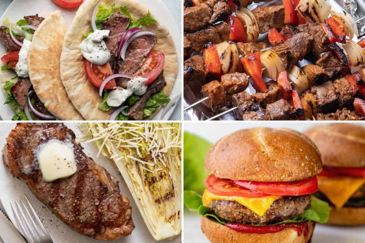 4 image collage of grilled beef recipes.