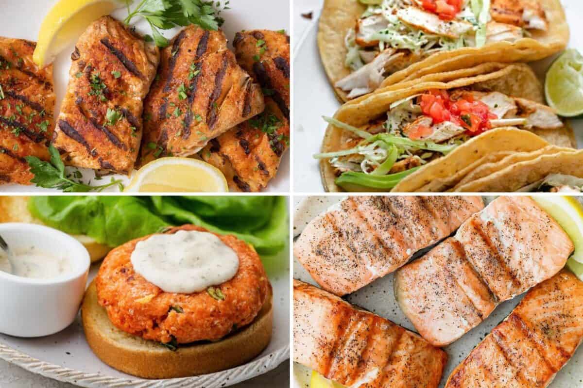 4 image collage of grilled seafood recipes.