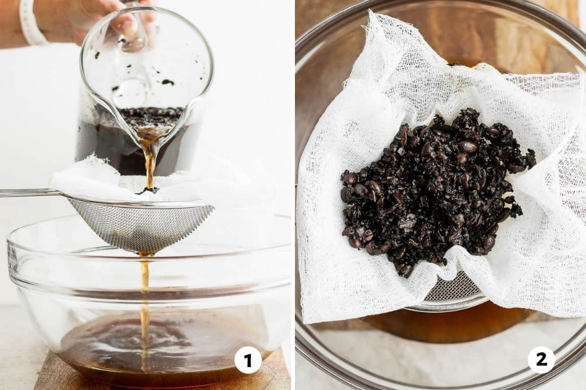 2 image collage showing coffee after 12 hours being poured into a bowl with a strainer lined with cheesecloth and a close up of coffee grounds in strainer