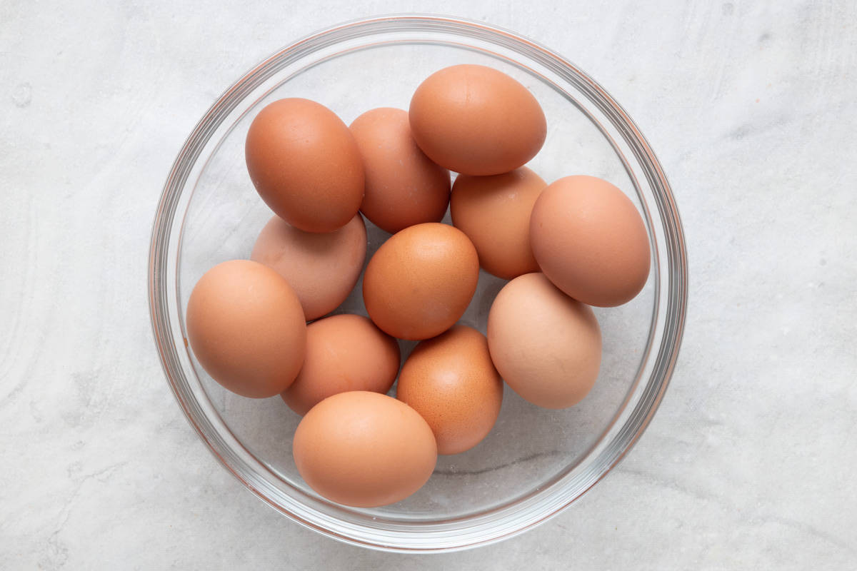 Bowl of brown eggs.